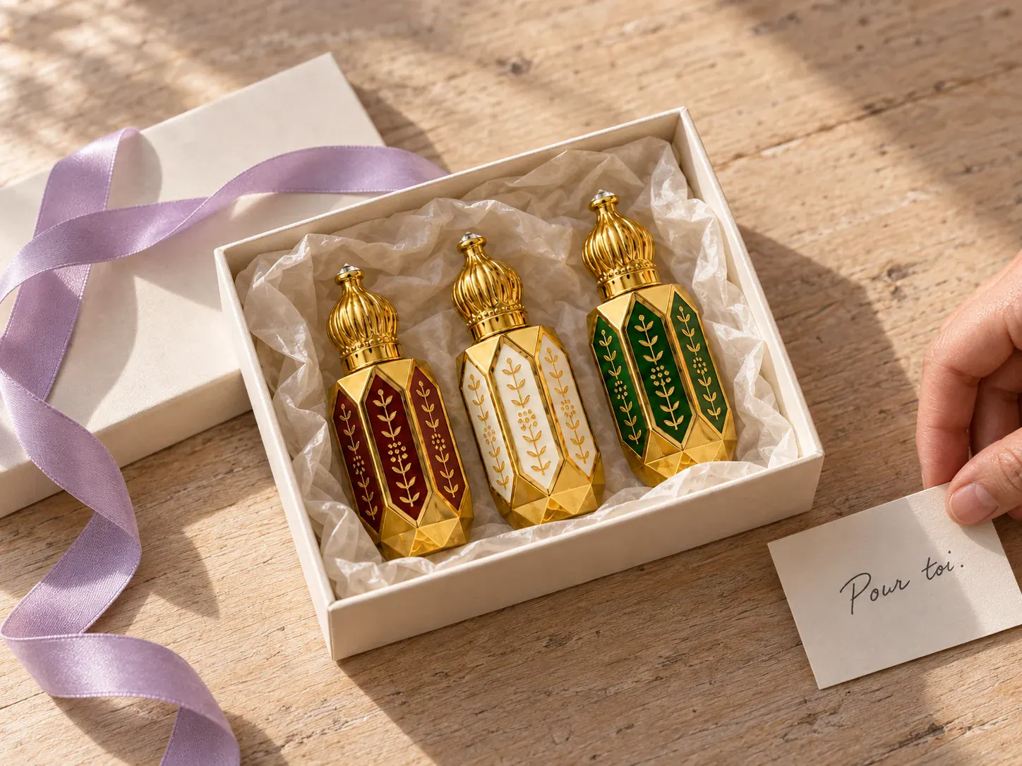 Coffret Trois Muscs ouvert, trois flacons de 6 ml dans leur boîte