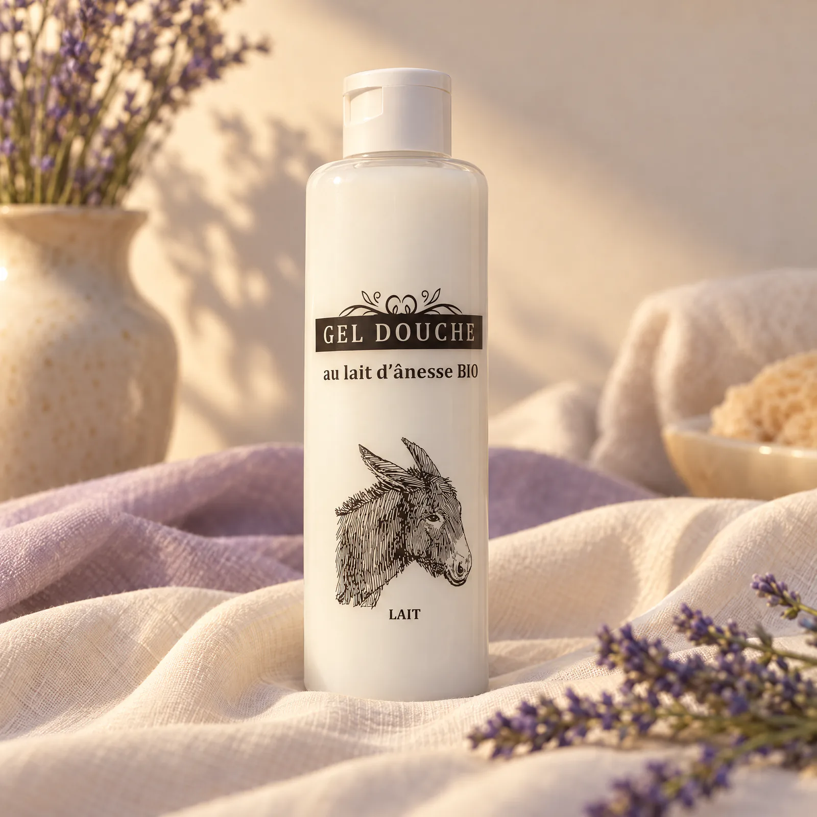 Flacon de gel douche au lait d’ânesse bio PROVENCAO sur un drapé crème