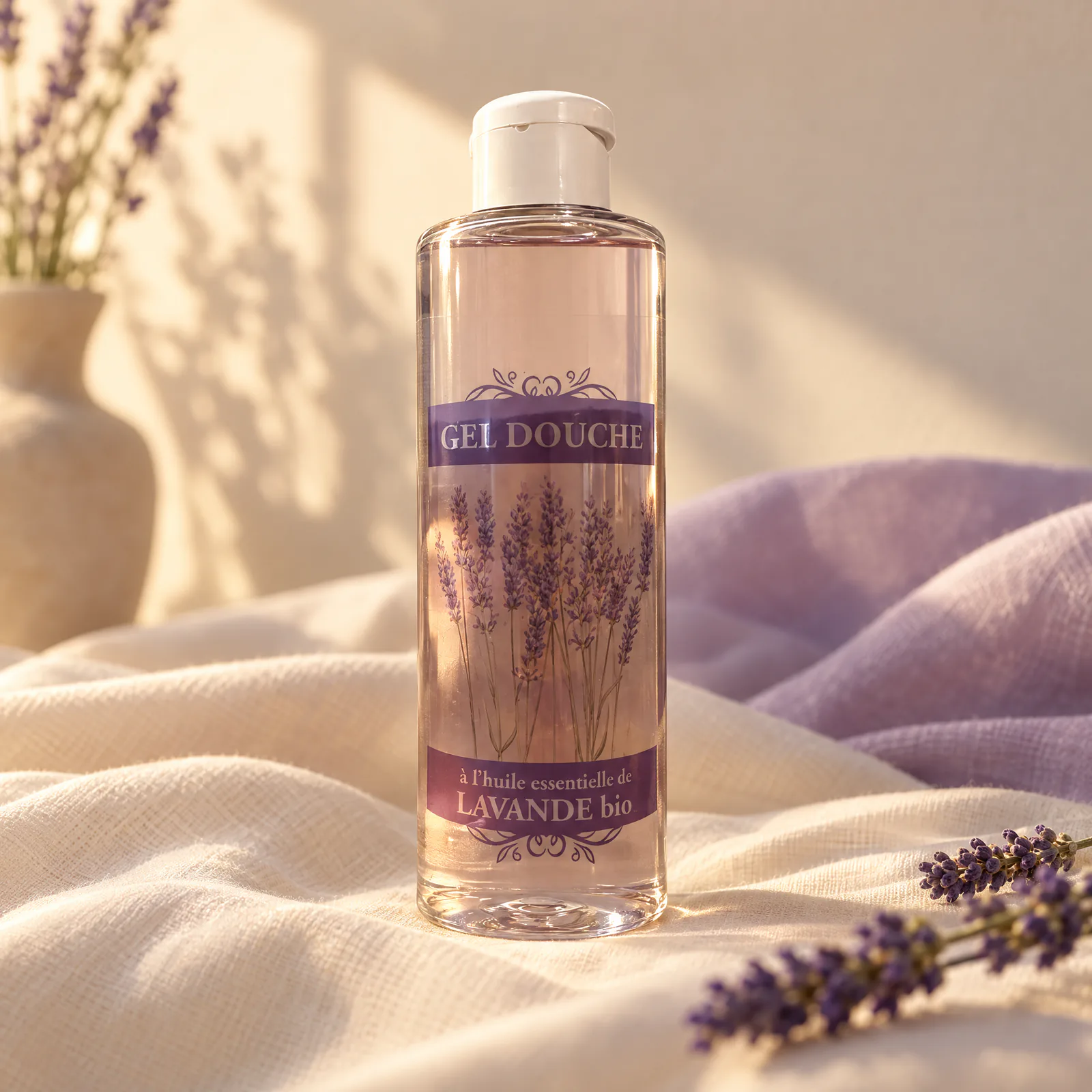 Flacon transparent de gel douche à l’huile essentielle de lavande bio PROVENCAO