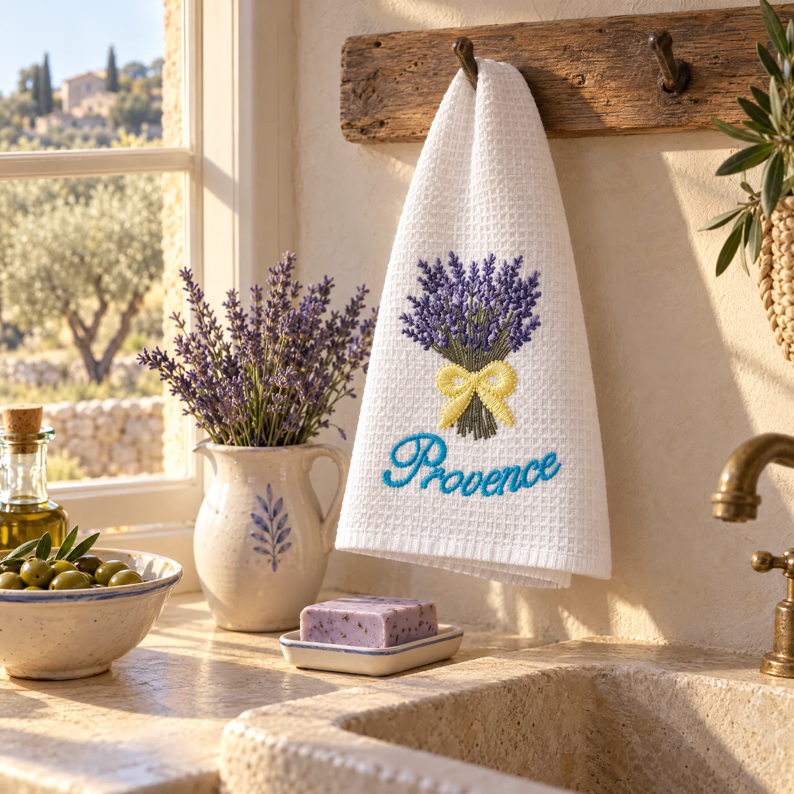 Torchon brodé Provence suspendu dans une cuisine provençale, savon lilas et lavande