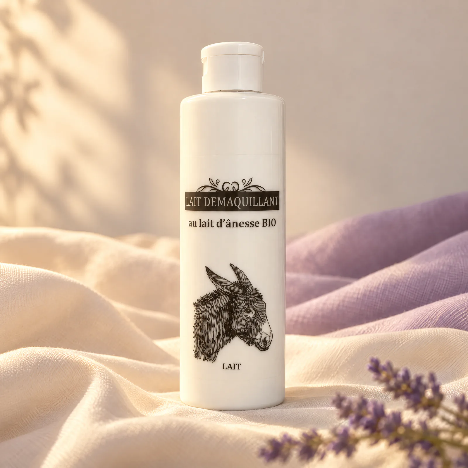 Flacon blanc de lait démaquillant au lait d’ânesse bio PROVENCAO sur un drapé crème