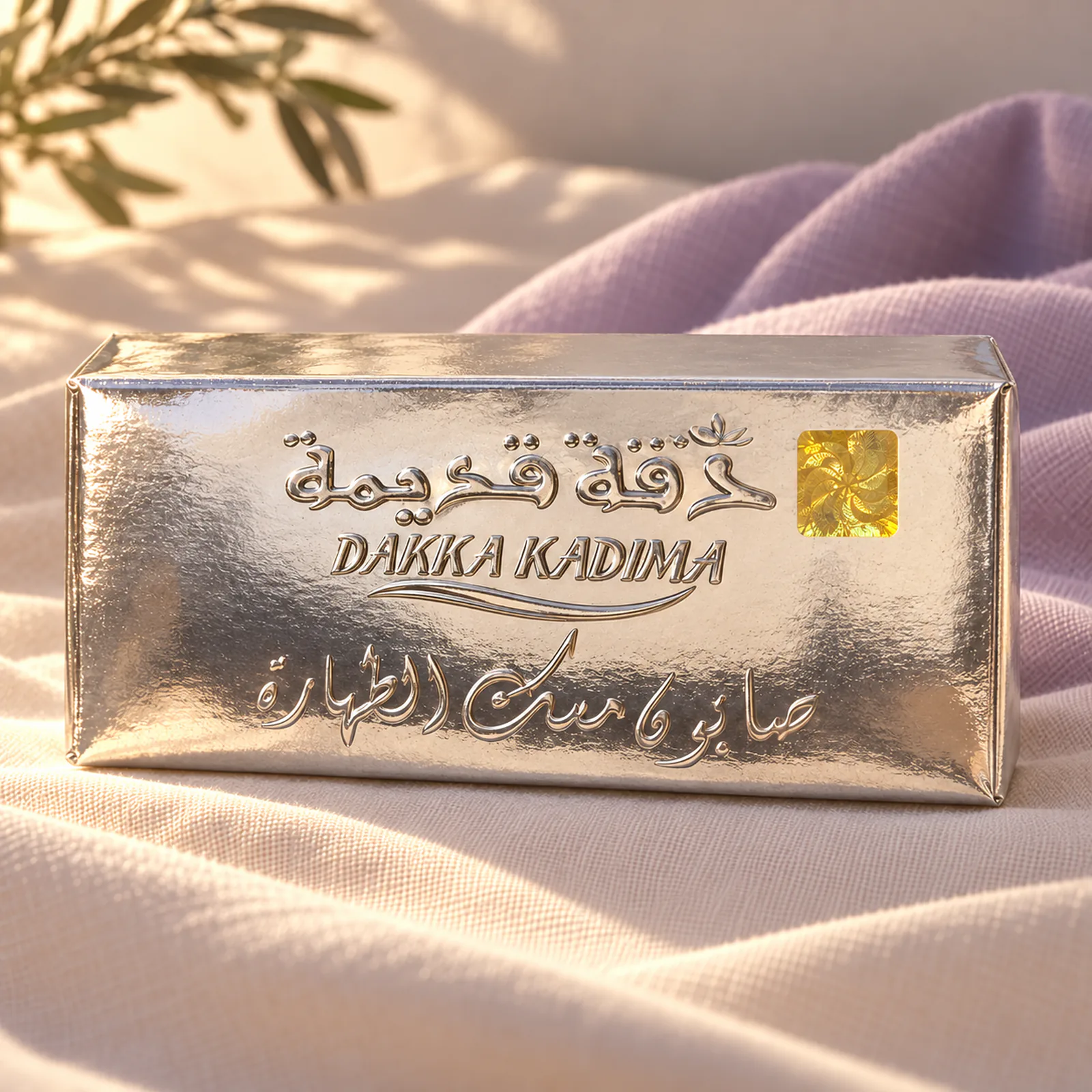 Savon ivoire estampillé Aleppo Soap sur son support blanc, boîte argentée flou en arrière-plan