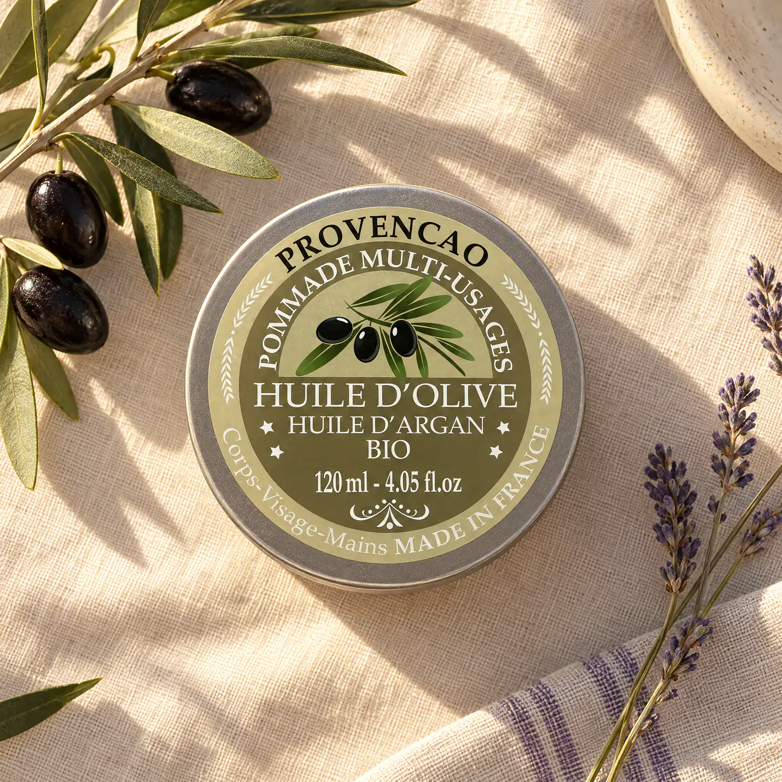 Boîte ronde de pommade multi-usages PROVENCAO vue de dessus, couvercle imprimé olive et argan