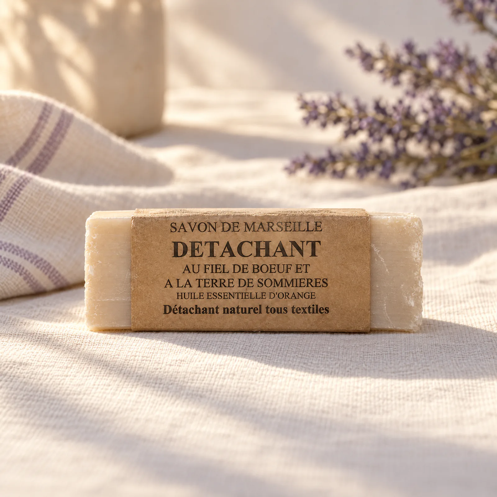 Barre de savon détachant au fiel de bœuf avec sa bande kraft imprimée