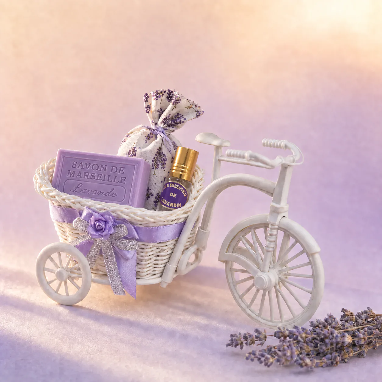 La Petite Reine, petit vélo d’osier et son panier garni